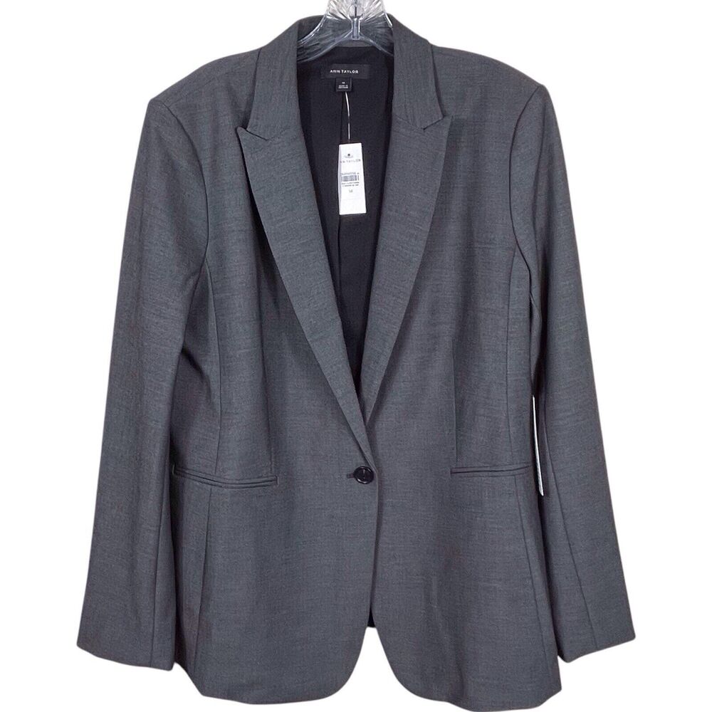 New ANN TAYLOR The Long One-Button Blazer in Bi-Stretch Size 14 Gray # 495409